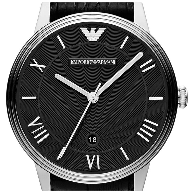 阿玛尼(emporio armani)手表皮质表带男士黑色经典商务时尚石英表男士