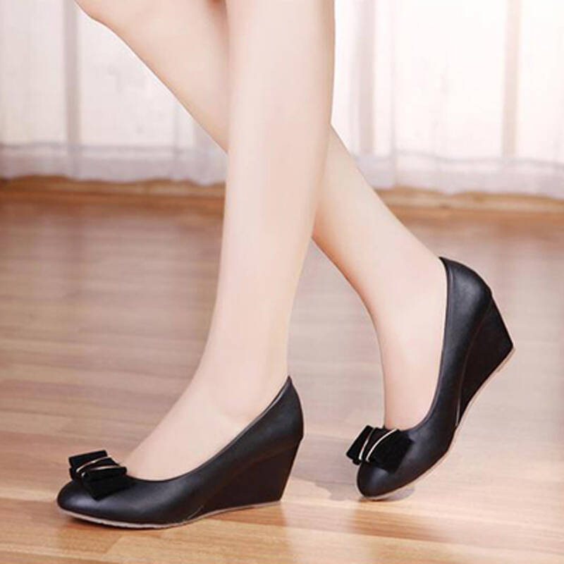羊皮2014秋季新款 真皮圆头浅口 坡跟鞋高跟鞋女 工作鞋女鞋 黑色 40