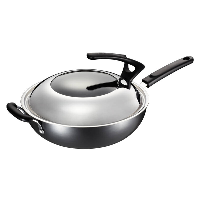 爱仕达 不锈铸铁锅炒锅 少油烟双耳炒菜锅具 电磁炉生铁锅子健康无