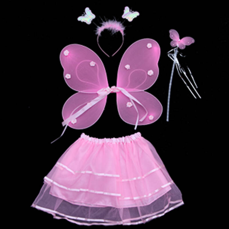 万圣节儿童表演服装 天使蝴蝶翅膀四件套无金粉天使翅膀演出道具 粉色