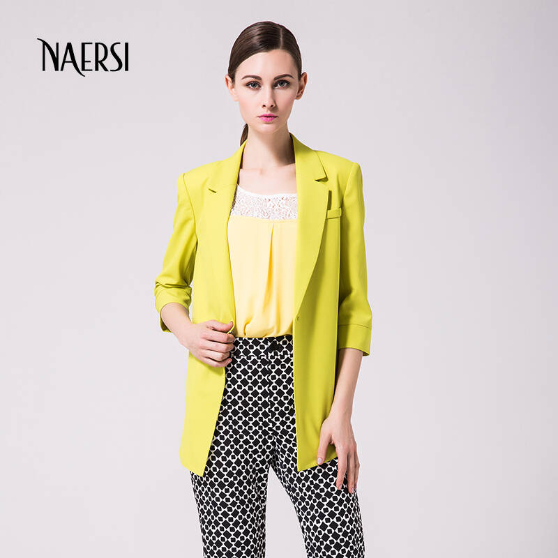 娜尔思naersi 女装2014秋装新款摩登时尚亮黄色修身七分袖小外套 黄色
