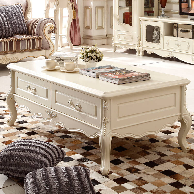 悠然之家茶几简约欧式法式韩式田园烤漆实木家具带抽屉h08 荷花白