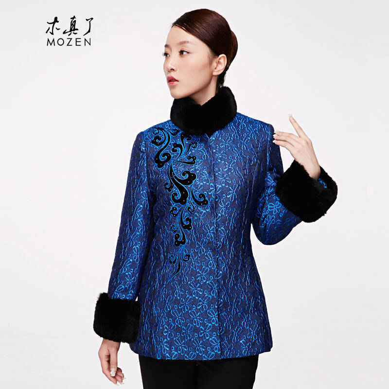 木真了2016春装新款兔毛领棉衣外套加厚保暖中式棉袄22096 10蓝色 m