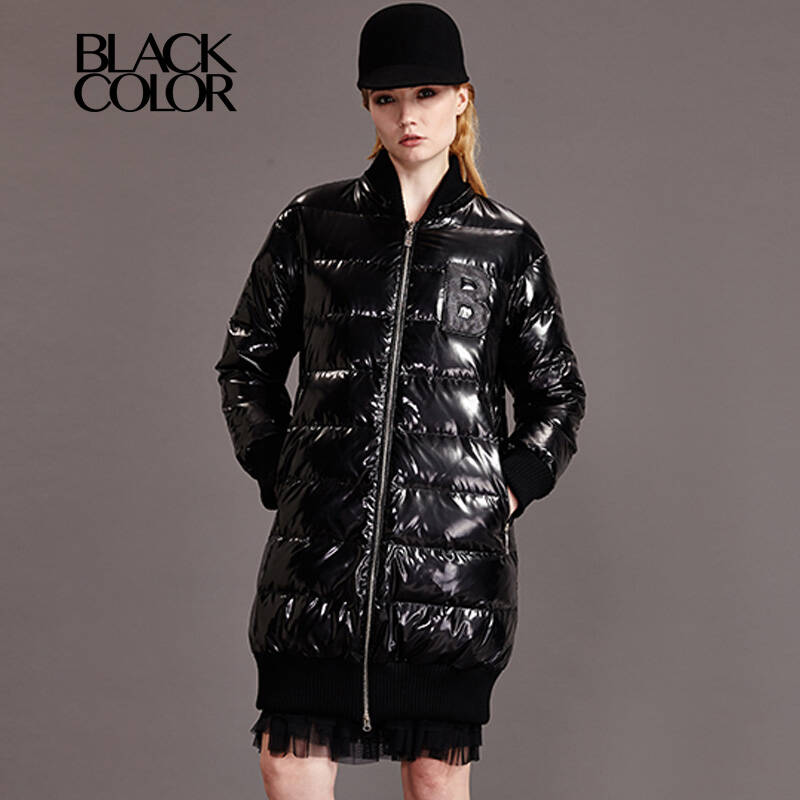 black&color 中长款棒球羽绒服 运动羽绒服 金属银,黑,亮白色街拍走秀