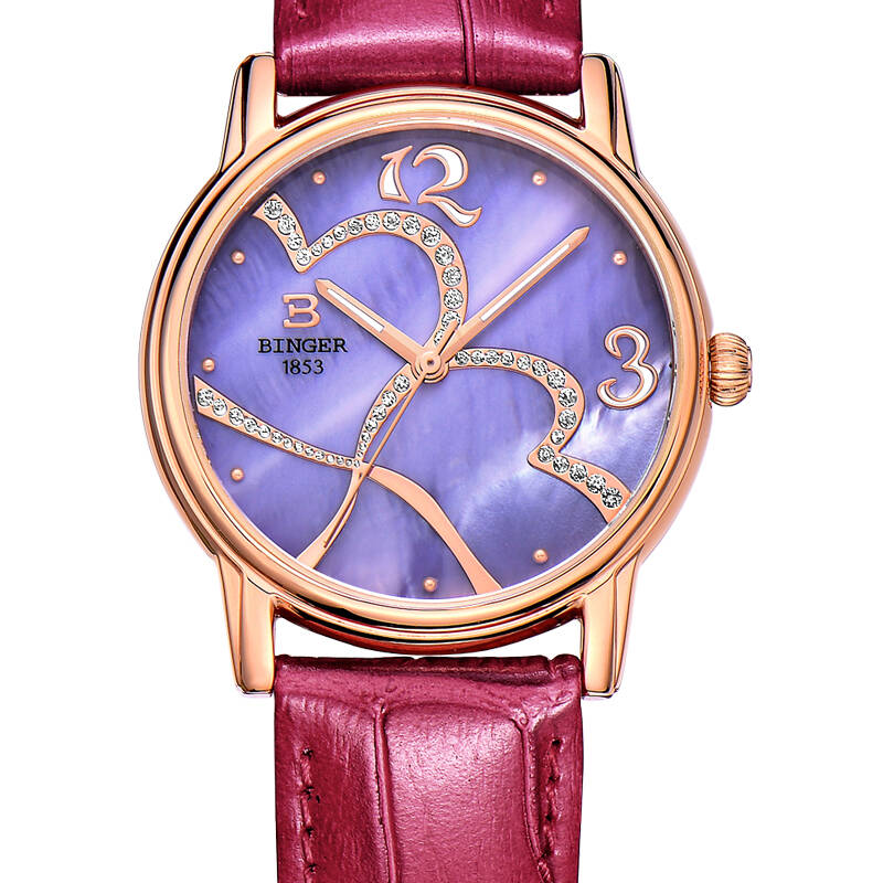 宾格(binger)手表女表女士手表石英表爱心灵犀系列粉红色水钻典雅贝母