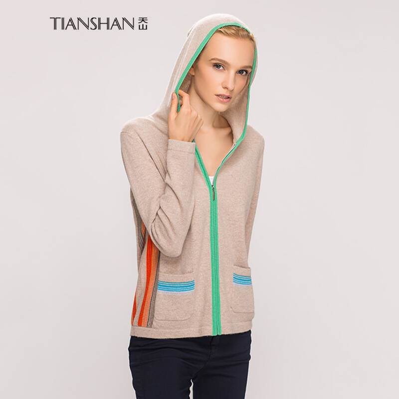 天山tianshan 羊绒衫女款山羊绒连帽彩条保暖休闲外套开衫 lk12hd75g