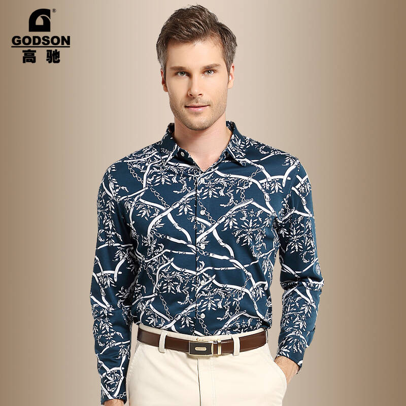 高驰godson秋新款男装商务休闲丝光棉长袖衬衫碎花男士宽松衬衣 红色
