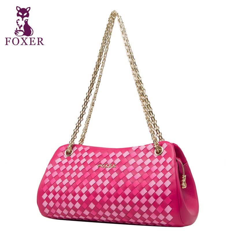 金狐狸(foxer)女包 金狐狸foxer头层绵羊皮手工编织单肩斜挎链条包