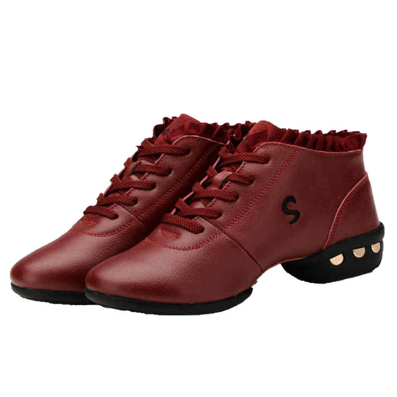 鞋真皮红色跳舞鞋女士现代舞鞋增高软底爵士舞鞋 红色-s8321标准尺码