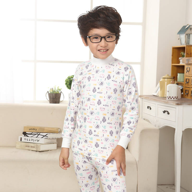 儿童保暖内衣套装男生男孩睡衣青少年男大童男童秋衣秋裤套装蓝色低领