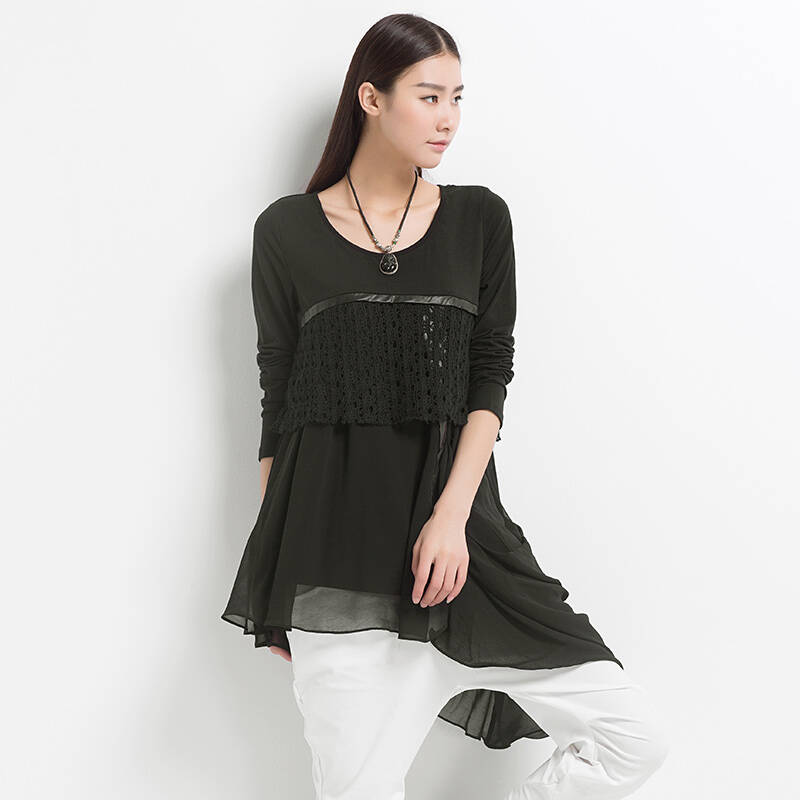 自然码 2014年秋装新款 不规则长袖连衣裙 蕾丝拼接裙子文艺范女装