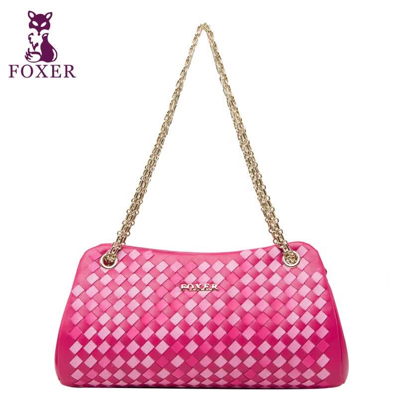 金狐狸(foxer)女包 金狐狸foxer头层绵羊皮手工编织单肩斜挎链条包