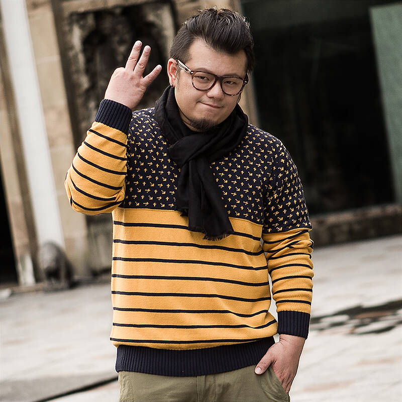 码男装时尚休闲条纹圆领针织衫加肥加大潮胖子毛衣男x1537 x1537黄色