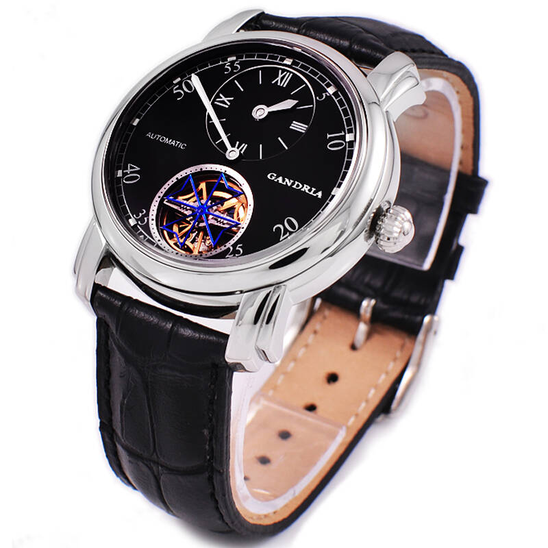 瑞亚(gandria)男士全自动机械表 镂空蓝宝石钢带男表gd6015 陀轮黑面