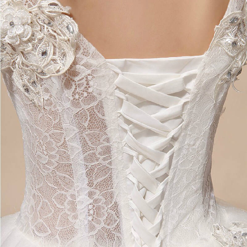 宝贝新娘韩版蕾丝抹胸齐地婚纱礼服 深v新款式2014 新娘绑带婚纱 白色