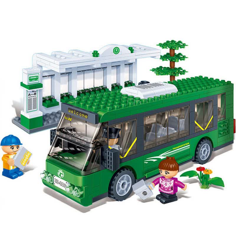 邦宝拼插小颗粒积木 儿童益智玩具汽车乐高式双层巴士 火车站男孩礼品