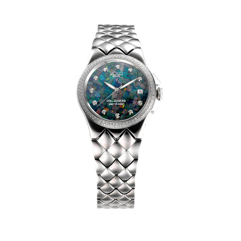 皇爵(hoga)精钢防水真钻时尚缤纷opal宝石自动机械情侣表男表hg035el