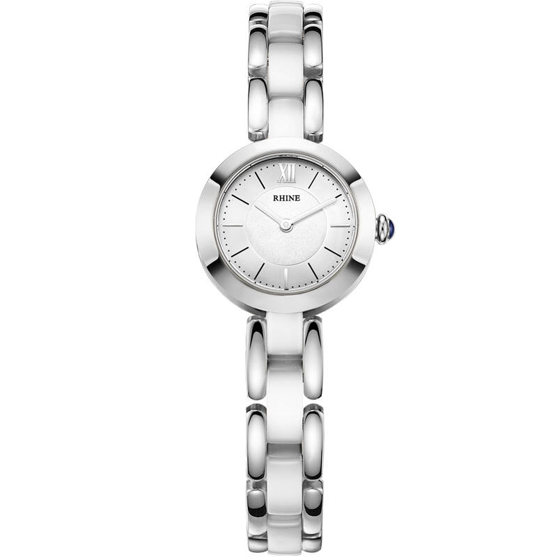 莱茵(rhine)手表陶瓷石英女表 无秒针设计白银色