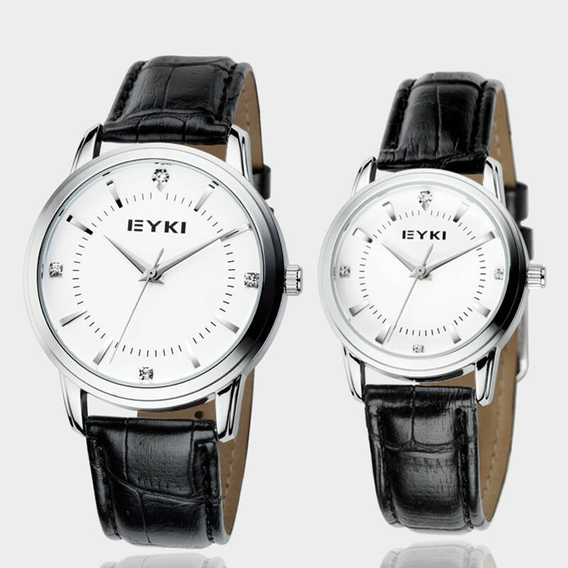艾奇(eyki)情侣手表一对价韩版时尚男女表学生皮带表防水 黑带白面