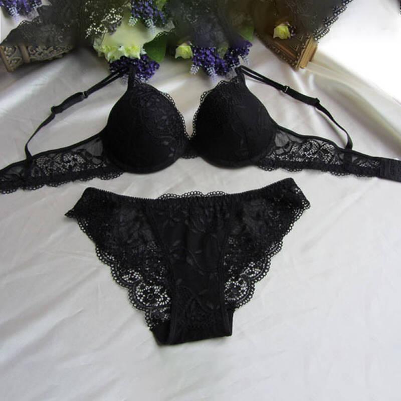 伊莲芊梦 高档精品纯色蕾丝少女士内衣文胸罩套装 性感刺绣镂空上薄下