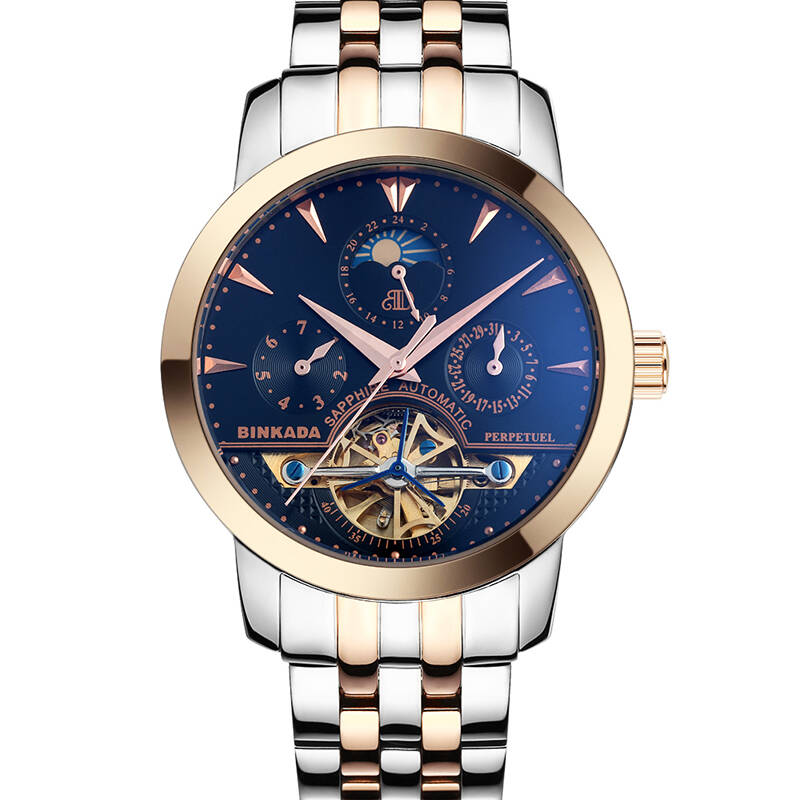 宾卡达(binkada)手表时尚系列背透镂空精钢陀飞轮双历进口机芯全自动