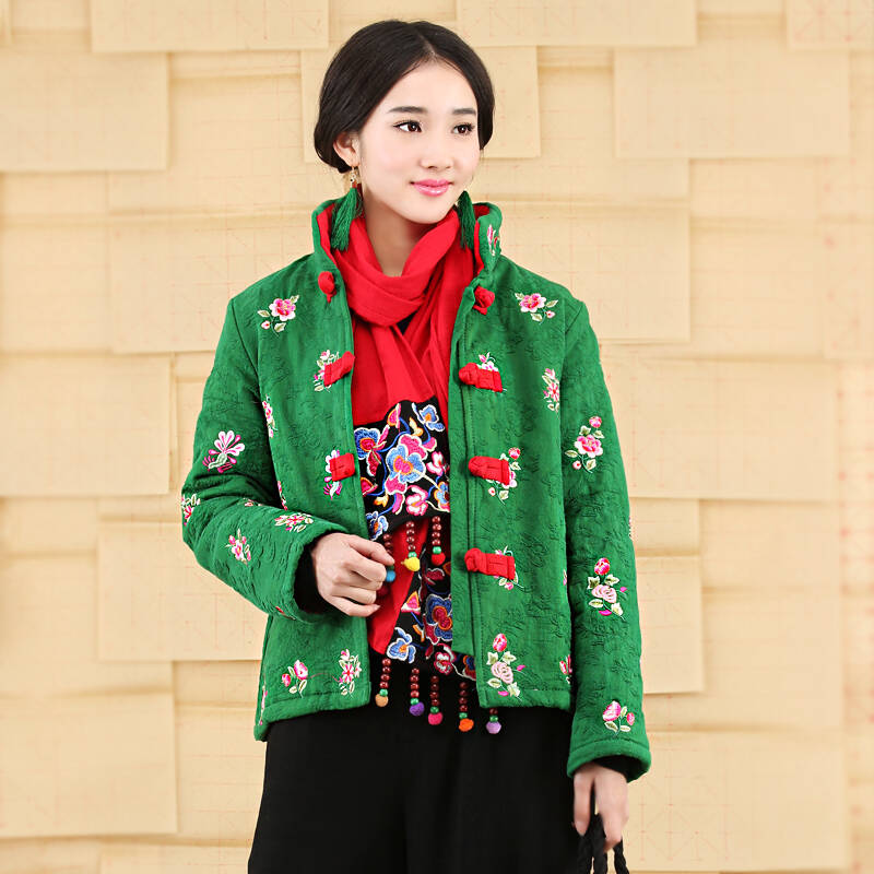 尤瑾2014新款民族风女装冬装棉衣中式绣花复古盘扣提花棉袄外套 绿色