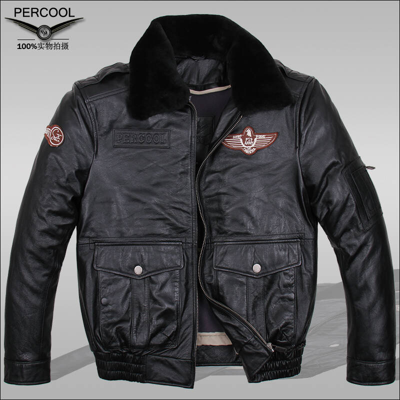 percool皮客 真皮小牛皮男士翻领二战空军飞行服真皮皮衣飞行员皮夹克