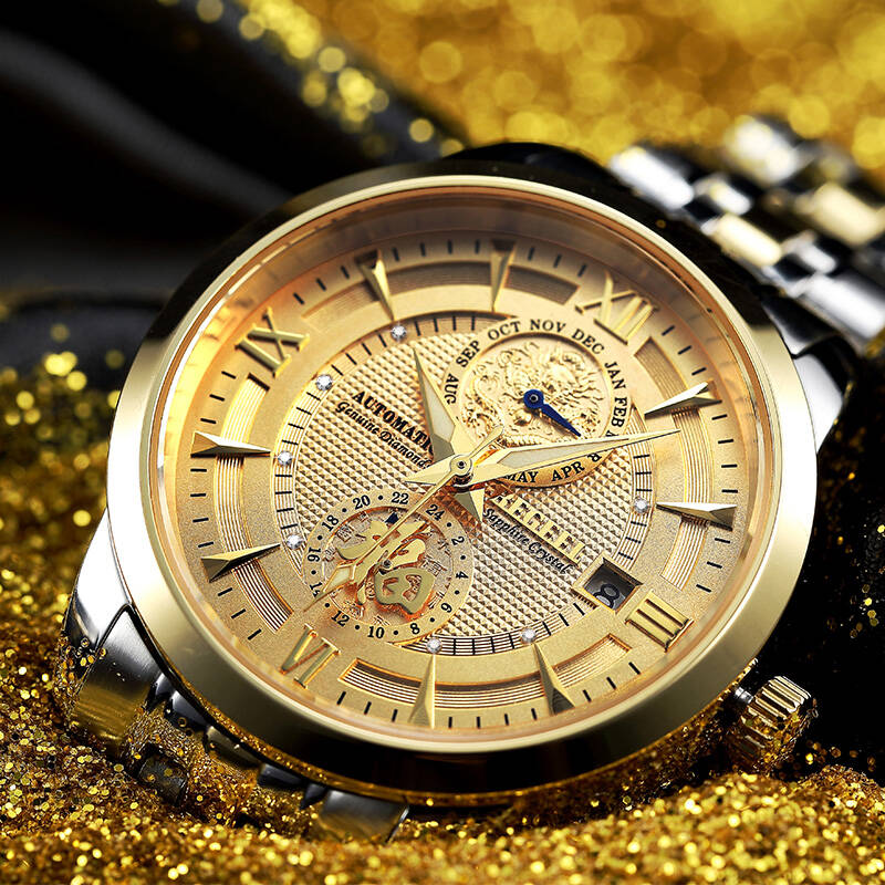 宾爵(begeel)手表 镶钻镀金 中国风金龙送福款式 男士全自动机械表 男