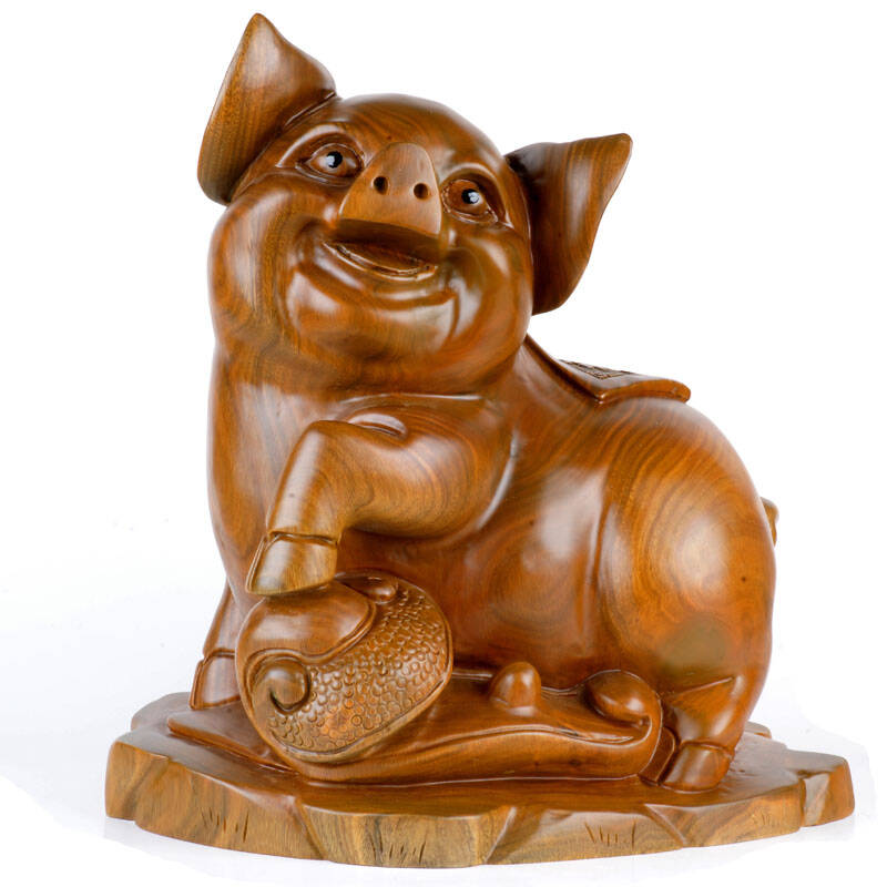 和卉堂 天然木头 红檀 黑檀 雕刻如意福猪摆件 观赏 礼品 绿檀木