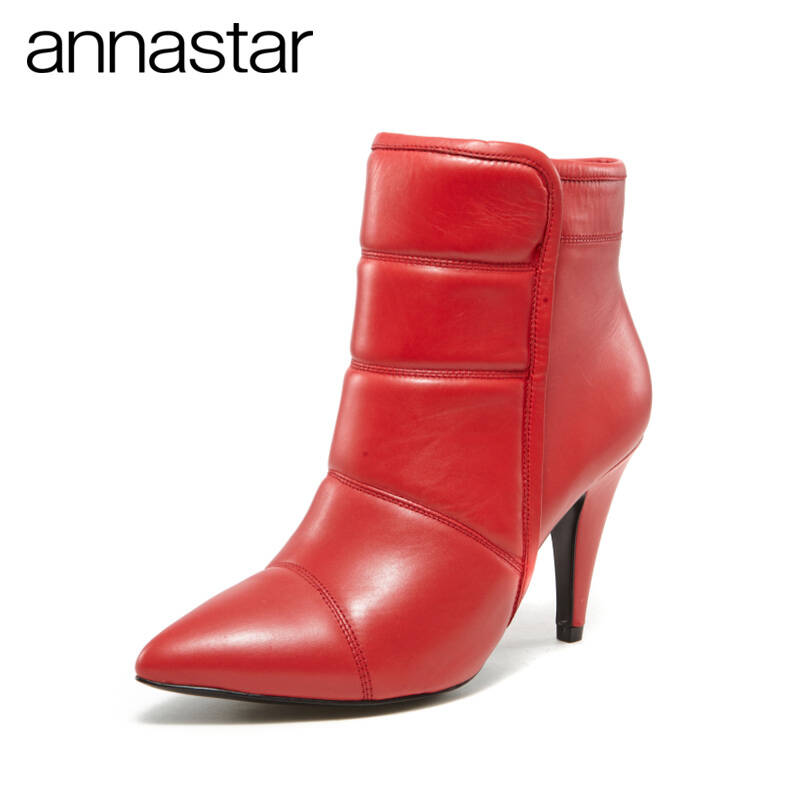 annastar2014秋冬新款真皮尖头细跟欧美中筒短靴舒适