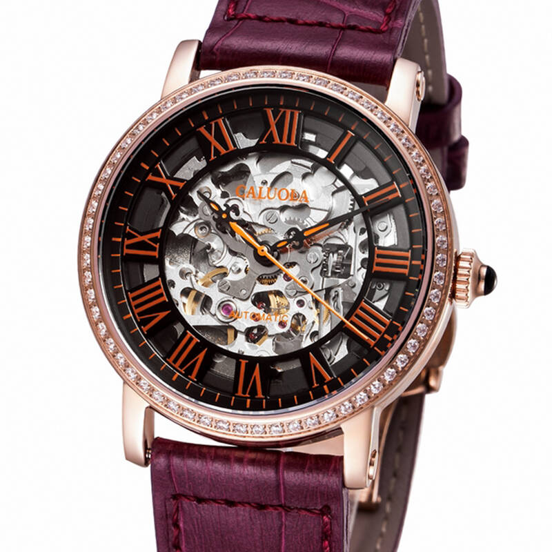 卡罗莱(caluola)全自动机械表女士手表真皮带防水双镂空女表腕表新品