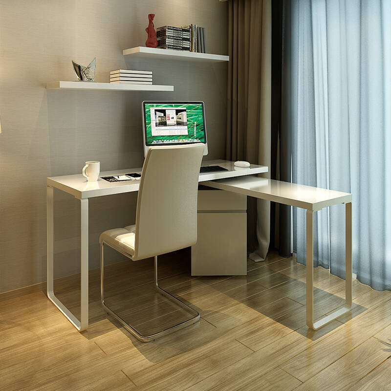 虎域家具 简约双人电脑桌可转角书桌 书房台式电脑桌 白色 双台面书桌