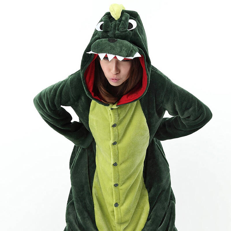 可爱卡通情侣动物恐龙连体男女法兰绒睡衣如厕版珊瑚绒动物睡衣 恐龙