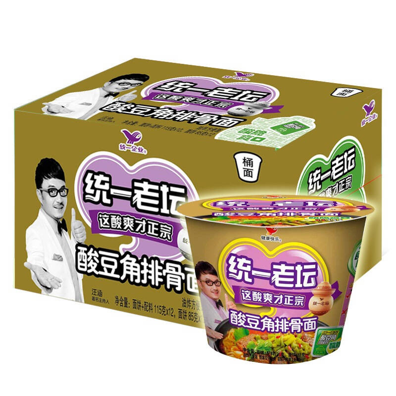 统一 方便面 来一桶 老坛酸豆角排骨面 115g*12桶 整箱 自营
