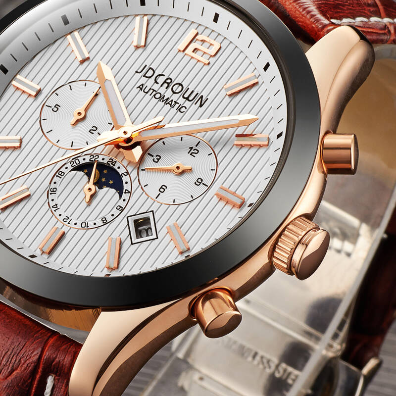 金准皇冠(jdcrown)手表运动多功能系列全自动机械表男士皮带腕表钢带