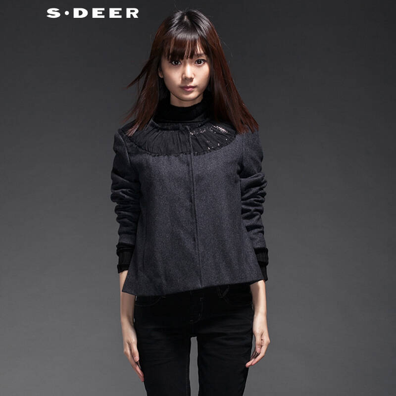 聖迪奧 sdeer 2014新款女裝冬裝亮片縫製圓領對襟外套1482250 深灰/97