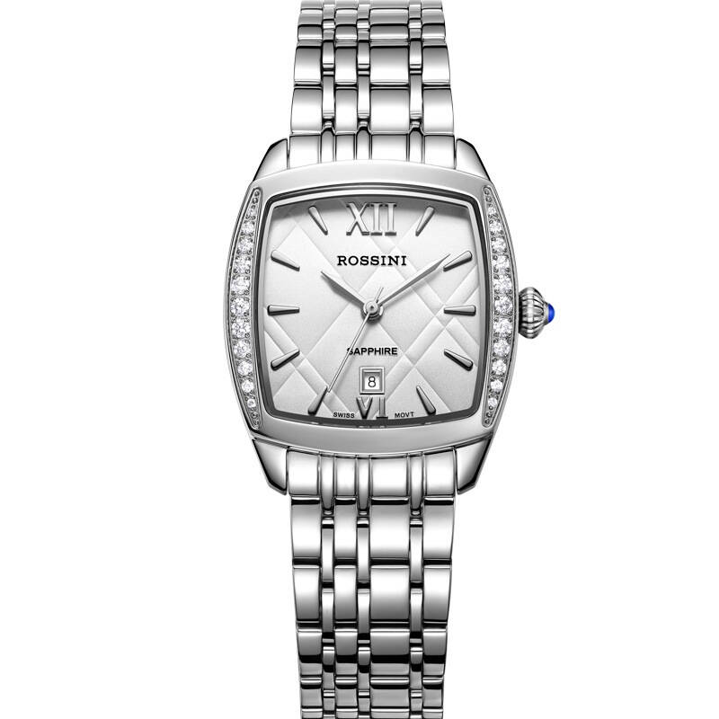 罗西尼(rossini)手表典美时尚系列小巧方形白色表盘钢带日历瑞士机芯