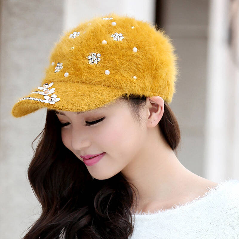 帽子王秋天冬季新版韩国潮款镶钻花朵兔毛鸭舌帽女士保暖棒球帽 土