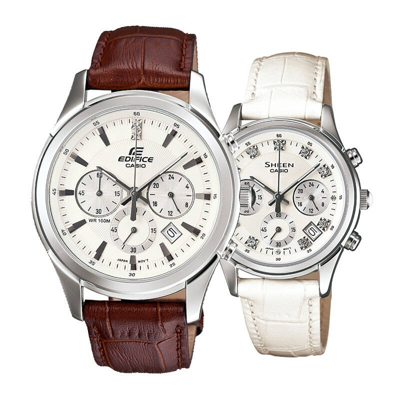 卡西欧(casio)手表 时尚休闲真皮水钻点缀情侣对表efr-517l-7a/she