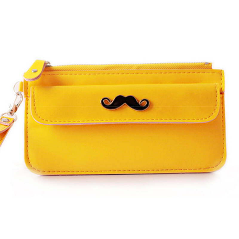豆蔻驰芳韩版小羊皮纹手提女士钱包 小胡子钱包卡包优雅可爱钱包 黄色
