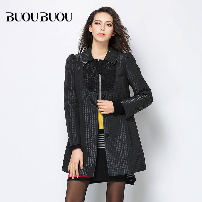 buoubuou邦宝女装专柜正品2015春款前襟绣花拼接翻领中长款风衣 拍下