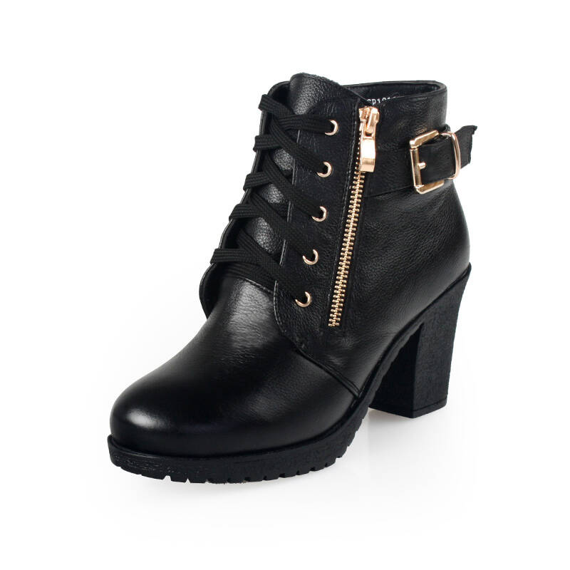 【京东直供】冬季时尚女短靴真皮女鞋冬短靴休闲高跟鞋sp1811 黑色 37