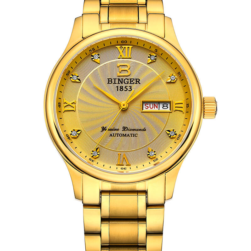 宾格(binger)正品手表男士全自动机械表 防水皮带精钢男表 钢带全金金