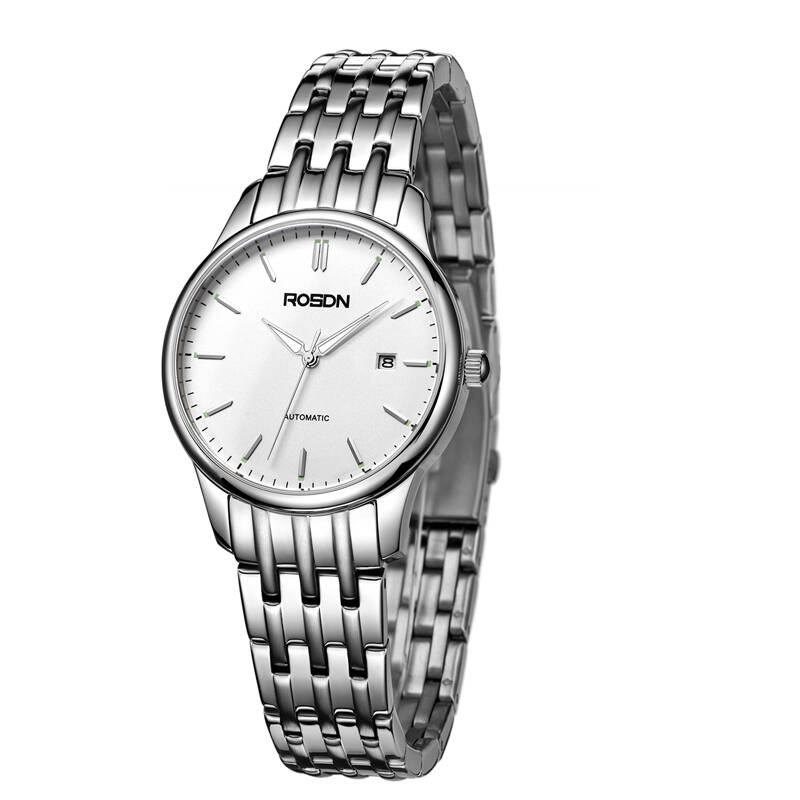 劳士顿(rosdn)女士钢带全自动机械女表豁达系列防水手表2065l 本色白