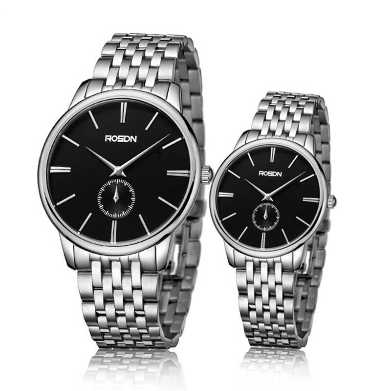 劳士顿(rosdn)高档时尚情侣手表正品石英表超薄防水男女表双眼精钢