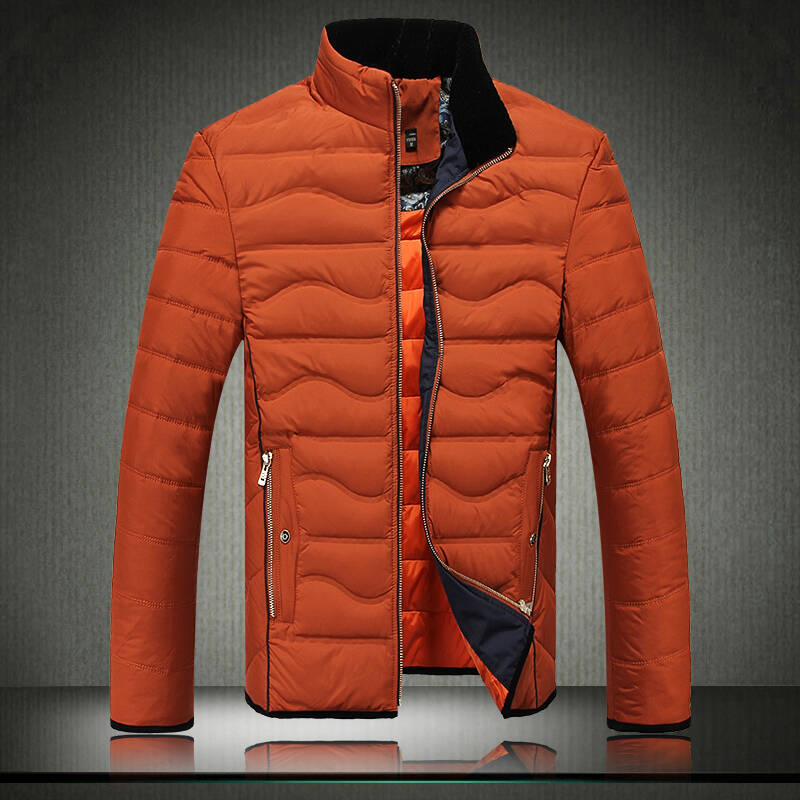 丹杰仕2015男装新款立领短款修身保暖加毛加厚羽绒服男外套 橘红色 l