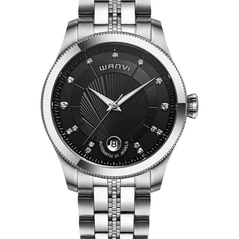 万维(wanvi)手表 男士机械表防水精钢带日历环球设计高端商务全自动