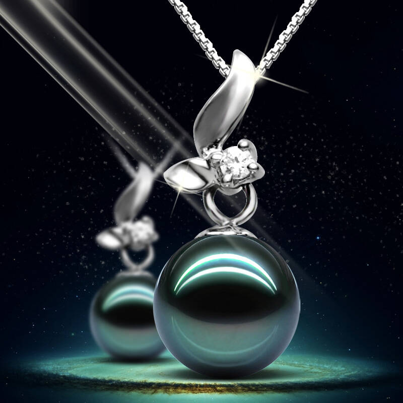 水年华珠宝 黑珍珠吊坠黑旋风正圆18k白金珠托项链 强光几乎无暇正品