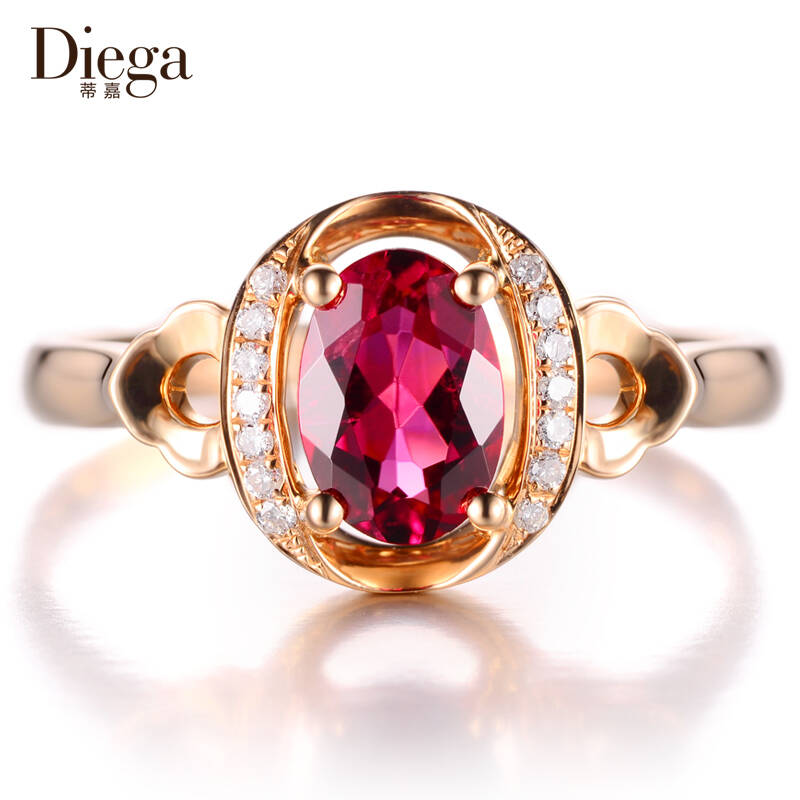 蒂嘉珠宝 天然红碧玺戒指 宝石指环 18k金钻石群镶 蝶舞 14号现货