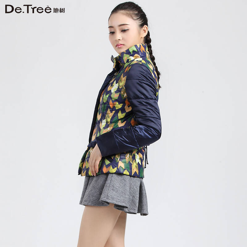 detree地树 冬装新款女装时尚花色棉衣高领立领拼色短外套2442305 深